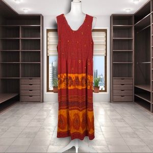 Indie womens maxi dress warm tones tie back ruched bodice side buttons Large